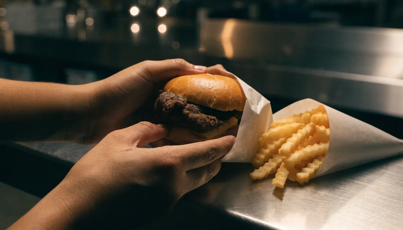 Hands opening a takeaway wrapper over a steel counter with a fried chicken sandwich and crinkle-cut fries beside it
