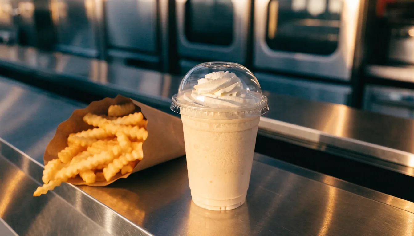 Seattle counter pass-through at dusk with fries on the steel surface
