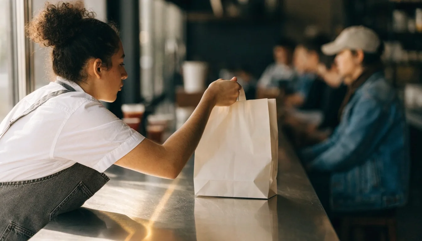 Worker handing a plain paper bag across a fast-casual counter in Seattle