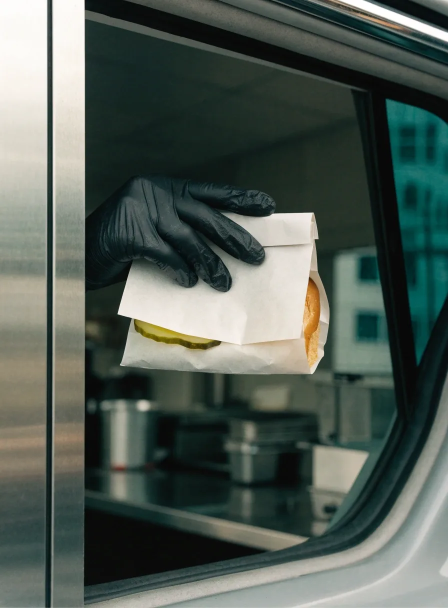 A fried chicken sandwich on a toasted bun on white paper on a steel pass-through counter