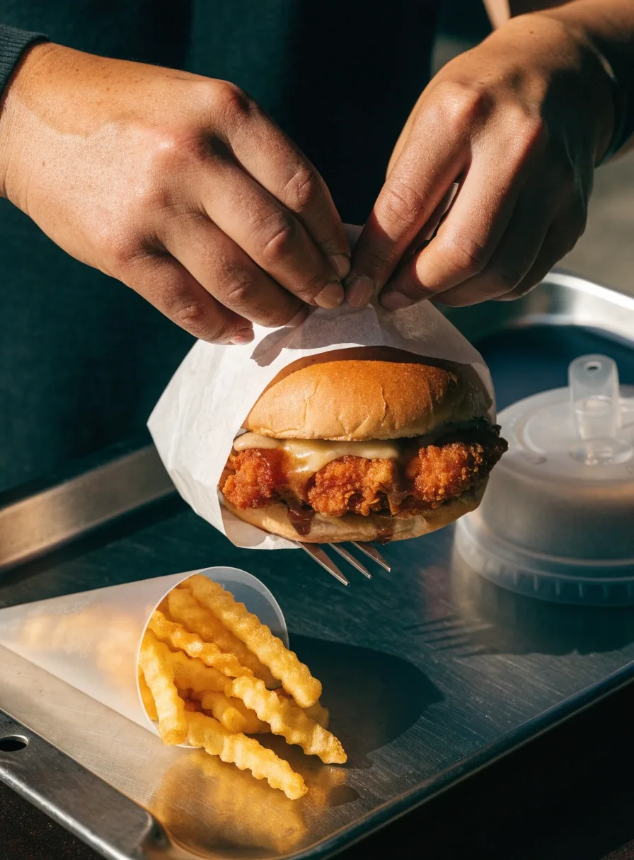 A takeaway order of fries, a folded wrapper, and a shake lid arranged on a steel tray