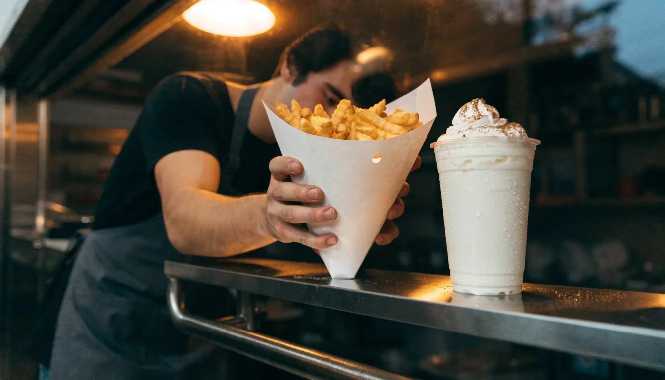 Crinkle-cut fries and a frozen custard shake being placed on a steel prep counter at dusk