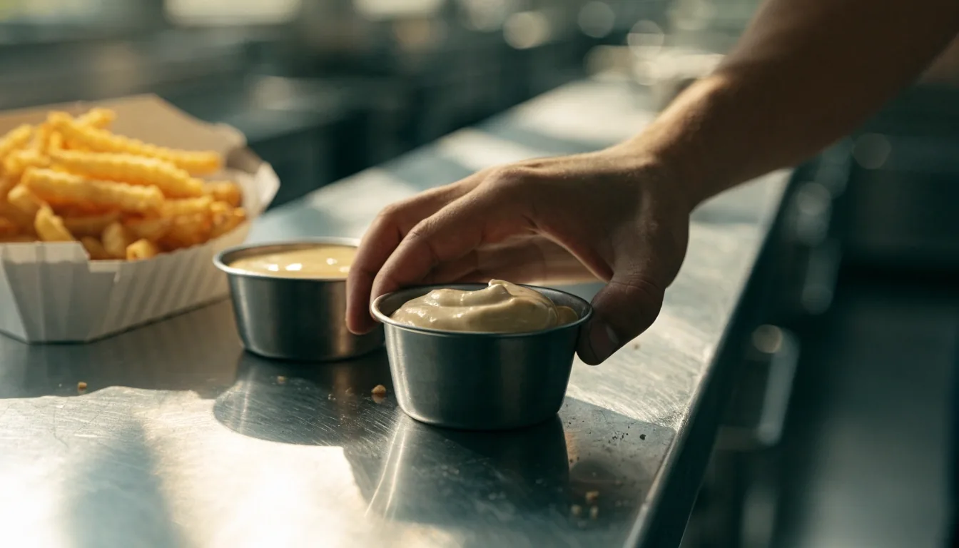 Ramekins of chipotle mayo and cheese sauce beside a few loose crinkle-cut fries on a steel counter