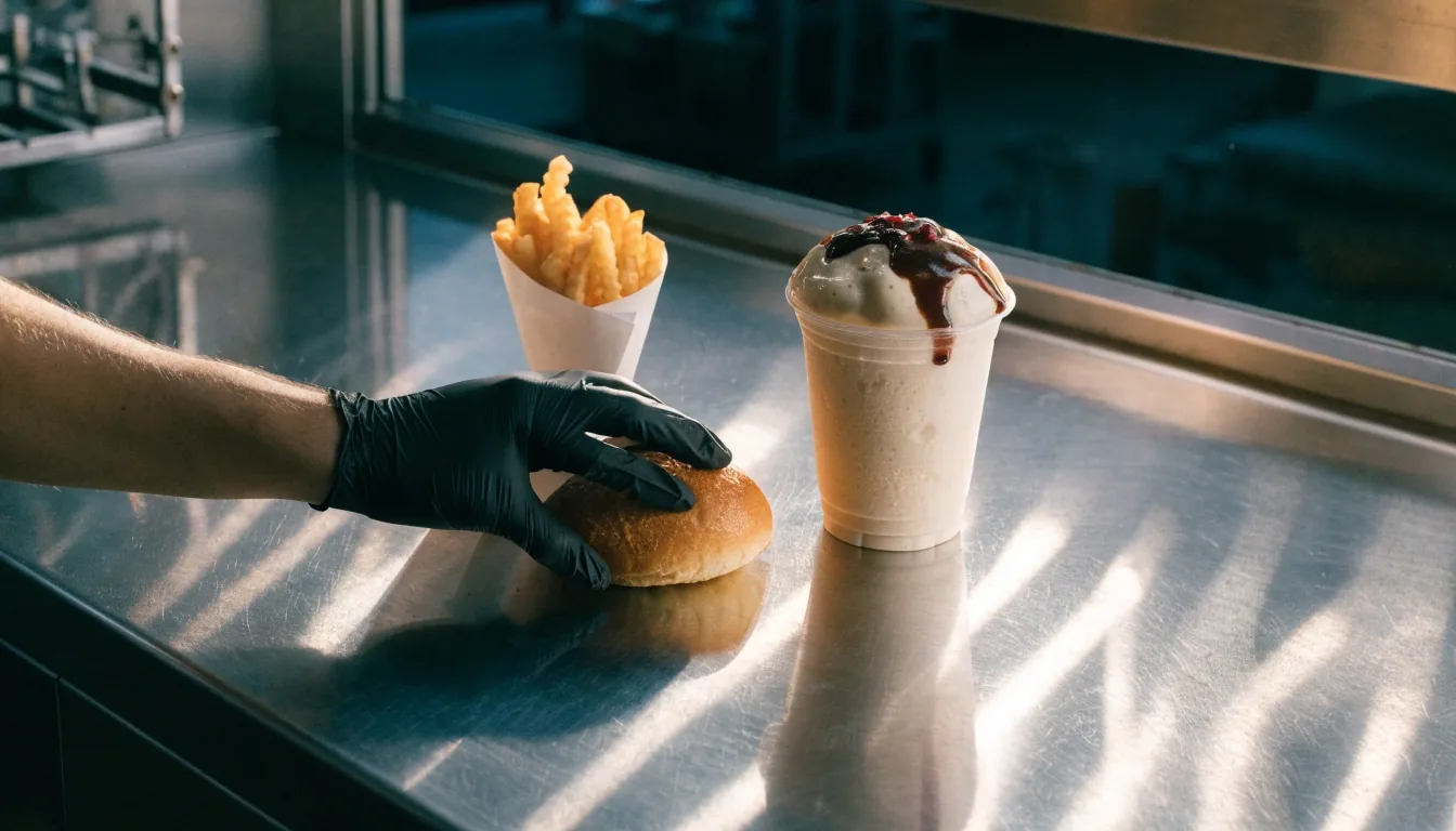 Dusk light across a steel pass-through counter with a toasted bun, a cone of crinkle-cut fries and a frozen-custard shake