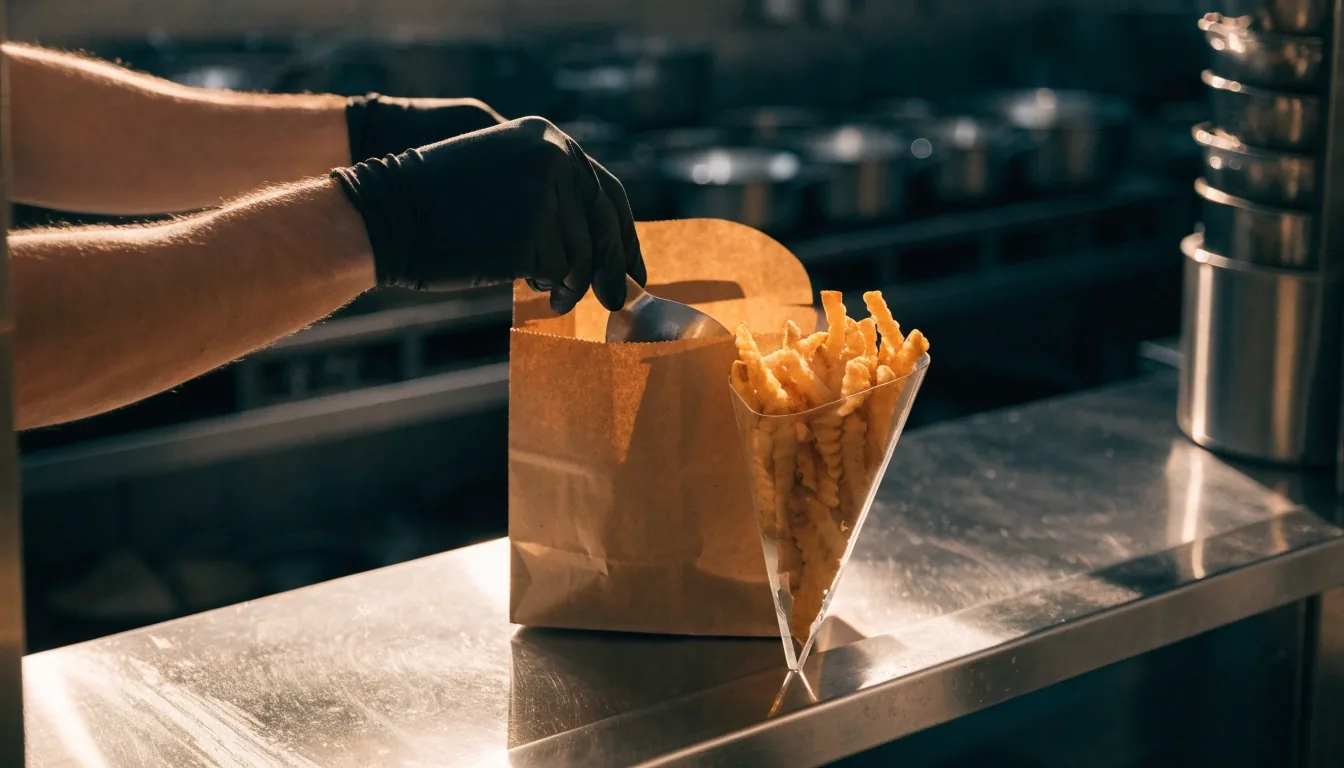 Warm dusk light on a steel prep counter with a folded paper bag and an out-of-focus espresso machine behind