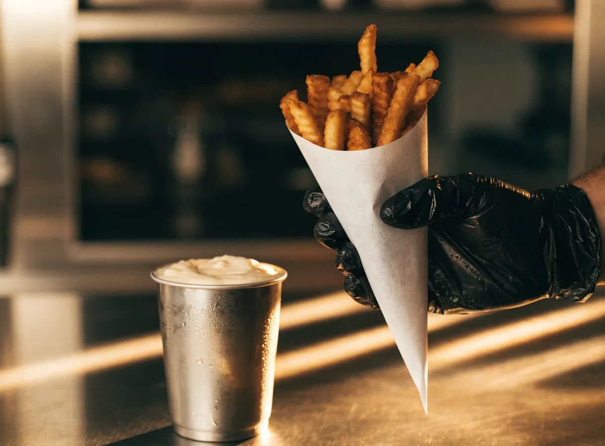 Frozen-custard shake ribbon curling from a plain steel cup on a counter