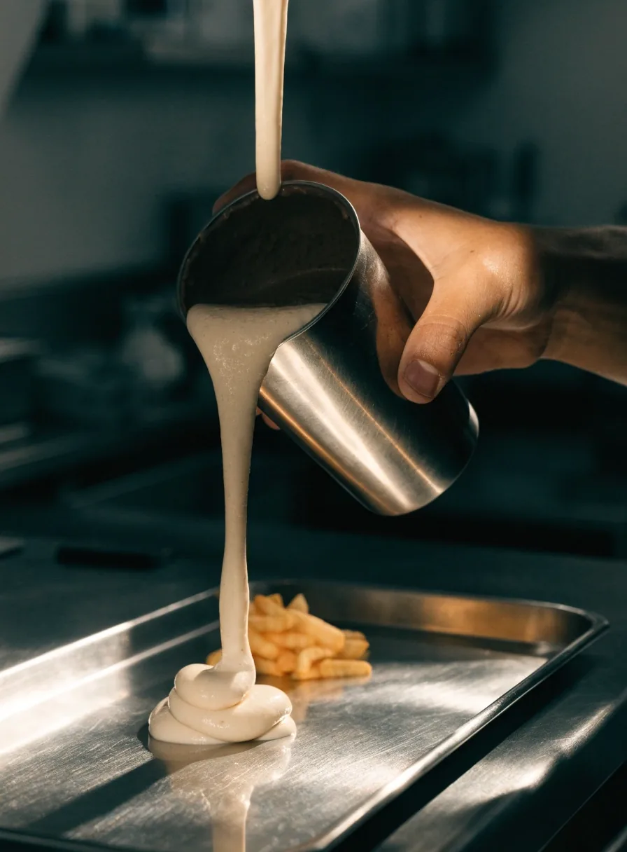 A frozen custard ribbon curling from a steel cup under warm side light