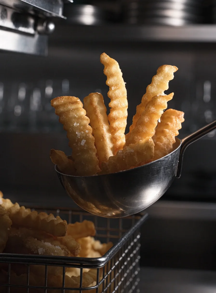 Crinkle-cut fries stacked on a steel counter with ridged edges catching hard warm side light