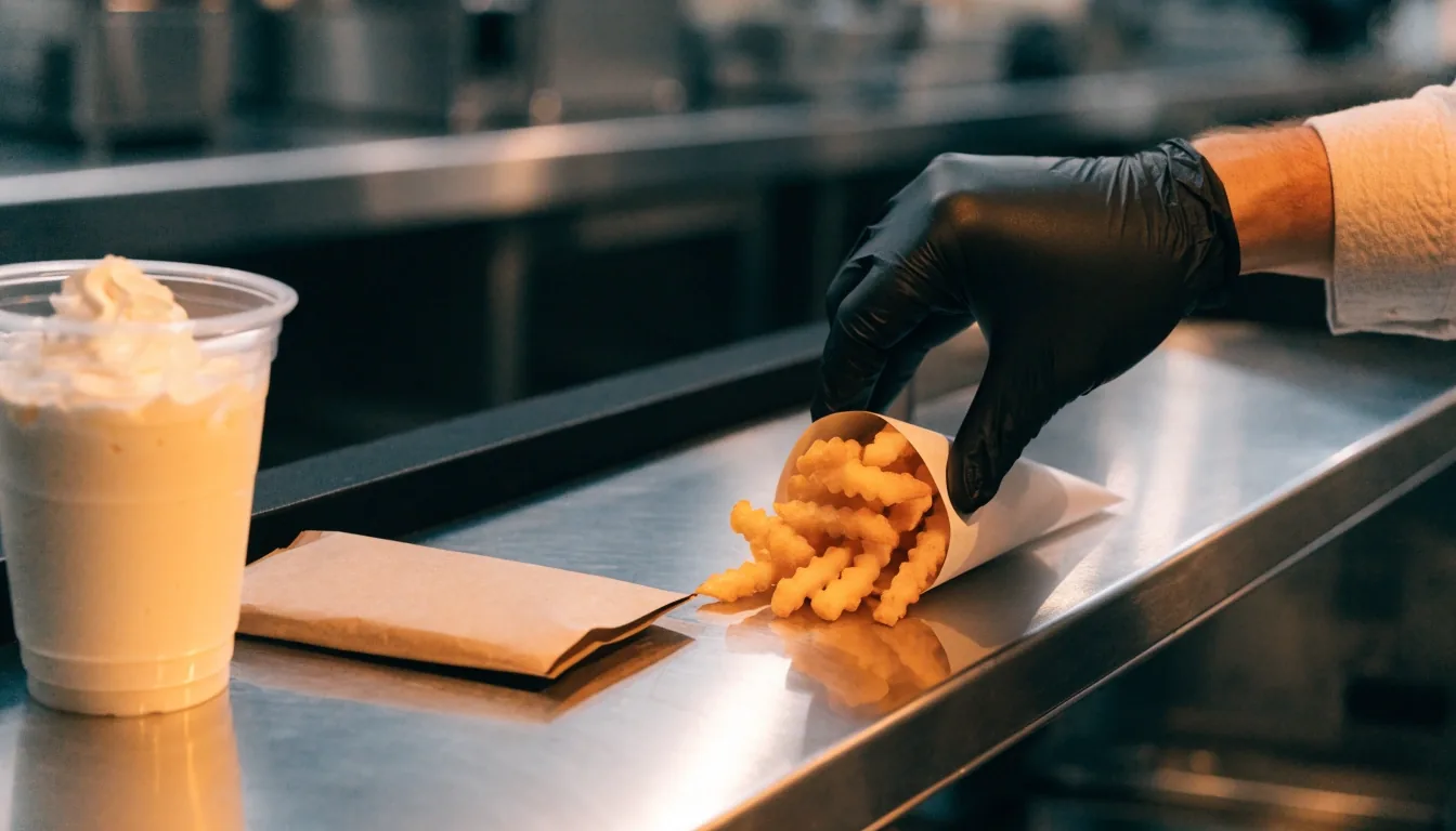 Anonymous paper wrapper and a cone of crinkle-cut fries on a steel counter under warm side light